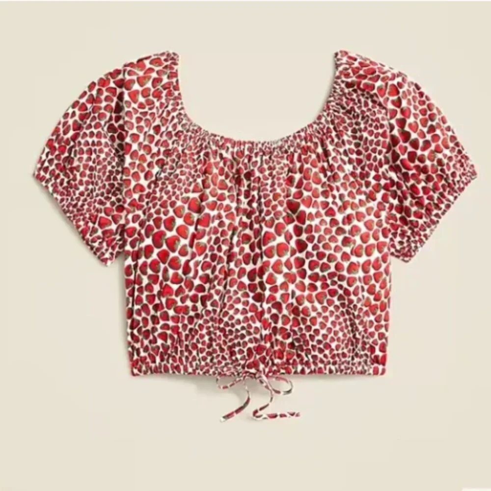 J. Crew Cinched-waist Cropped Top in Strawberry Swirl Cotton Poplin